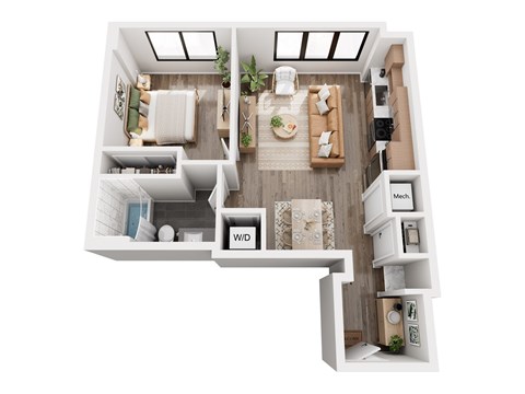Floor plan for 1 bed, 1 bath, 654 sqft